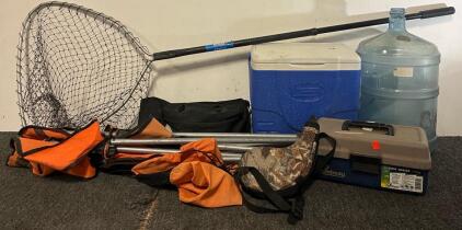Fishing Gear Including Net, Cooler, Tackle Box & Bag, Canteen & More