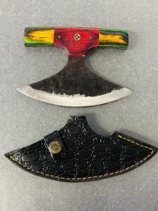 Custom Ulu Knife, Multicolored Handle, Decorative Pin, Leather Sheath