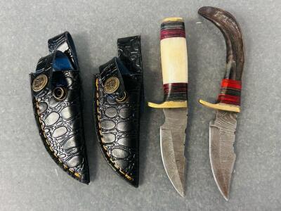 Custom Damascus Steel Knives with Leather Sheaths, Bone & Wood Handles