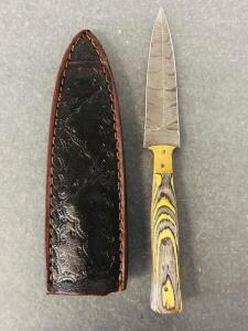 Damascus Steel Fixed Blade Knife, Wood Handle, Leather Sheath