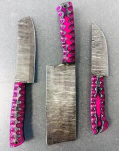 Damascus Steel Knife Set with Pink Patterned Handles, 3-Piece Kitchen Collection
