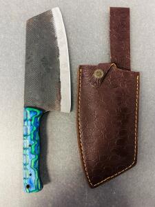 Custom Handmade Cleaver Knife, High Carbon Steel Blade, Leather Sheath