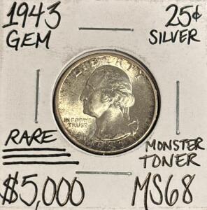 1943 MS68 RARE GEM MONSTER TONER SILVER .25c