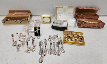 (2) Decorative Name Tag Sets (4) Decorative Name Tag Holders And Assorted Silver Plated And Stainless Utensils