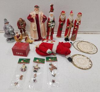 (1) Klaus Wickl Santa on Hen Resin Figurine (1) Vintage Silvestri Paper Mache Santa Claus Figure (4) Tall Whimsical Resin Santa Figurines And Assorted Vintage Santas