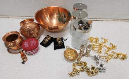 (3) Glass Sundry Jars With Stainless Steel Lids (3) Vintage Copper Vessels (2) G.H. Mumm Cuv&eacute;e Napa Champagne Bottle Stopper And More