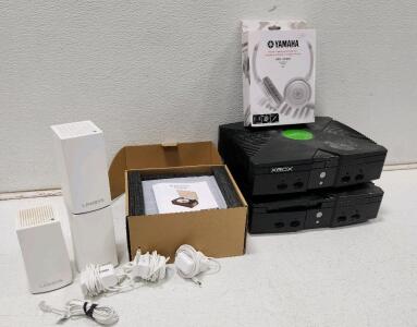 (1) Portable CD Player for Home Retro (3) Linksys Velop Dual-Band Wi-Fi System (2) Microsoft Xbox Consoles (1) Yamaha HPH-100WH Headphones