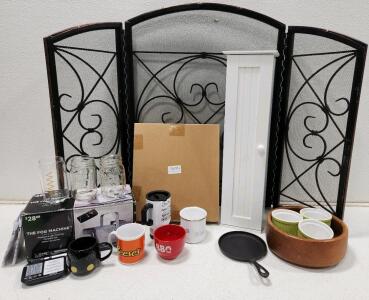 (1) 3-Panel Wrought Iron Fireplace Safety Screen (1) White Slim Bathroom Toilet Tissue Tower Cabinet (1) Expandable Silverware Cutlery Utensil Organizer Tray And More