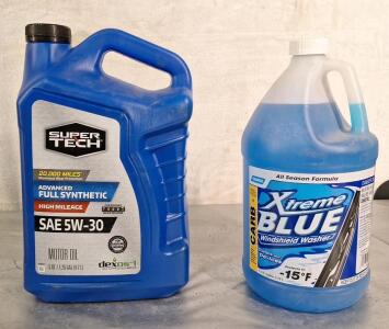 (1) 5-Quart Bottle Of Super Tech Full Synthetic High Mileage 5W-30 Motor Oil & (1) Gallon Bottle Of Xtreme Blue De-icer Windshield Washer Fluid