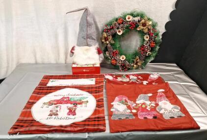 (1) 24" Artificial Wreath, (1) 24" Christmas Gnome & (4) 19" x 19" Christmas Gnome Pillow Covers