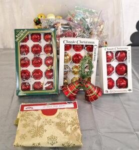 (1) 48" Christmas Tree Skirt & (1) Tote Of Assorted Christmas Tree Ornaments