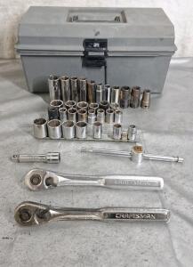 (2) 3/8" Drive Ratchets, Assorted Sockets & Small Plastic Toolbox