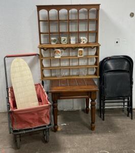 Wooden End Table 26x24 / (4) Folding Chairs / (2 ) Wall Shelves / Muga and More