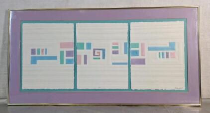 (1) Large Framed & Numbered Abstract Geometric Textile Wall Art Piece, 40"W x 21"T