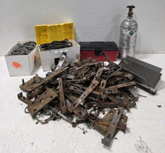 (1) Oxarc Aluminum Carbon Dioxide Cylinder (1) Keter Tool Box, Plastic 13" x 7" x 5" (2) Tire Chains and Bin of Metal Scrap