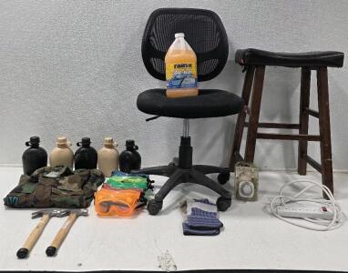 (10) Carolina Science Goggles (5) Military Canteens (2) 8oz. Hammers (1) Black Office Chair, (1) Bar Stool, brown, 28" x 12" x 19" (1) Rain-x De-Icer, 1 Gal. (1) Small/Regular Camo BDU Shirt and more