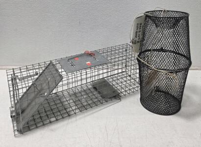 (1) Single-Door Live Animal Cage Trap, 24" x 7" x 7" (1) Two-piece, Black Vinyl Coated Wire Mesh Minnow or Crayfish Trap
