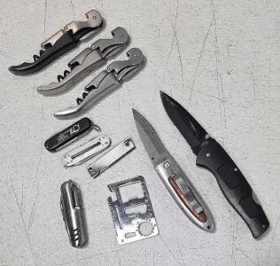 (1) Casselman Germany Stainless Rostfrei Liner Lock Pocket Knife (1) Frost Cutlery DELTA RANGER III Folding Lock Blade Knife (1) 11-Function Stainless Steel Survival Pocket Tool (3) Corkscrew Doubled Hinged Waiters Wine Bottle Opener Foil Cutter (1) Stai