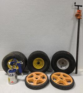 (1) Central Pneumatic Item 93205, General Purpose Siphon Feed Air Spray Gun (3) Lawn Mower Tires (2) Wheelbarrow Tires (1) Pony Pipe Bar Clamp
