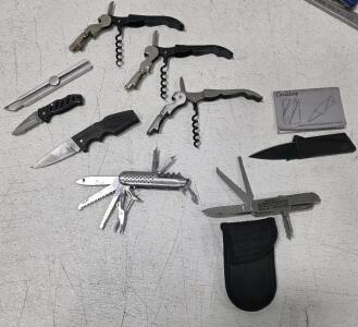 (1) Cardsharp Credit Card-sized Folding Knife (1) Vintage Gerber Folding Knife 500 Black Handle 2.5" blade (1) Frost Cutlery Folding Knife, 2" blade (1) Silver Multi-function Pocket Knife, a PromotionalItem from "All AmericanRain Gutters" w/case (1) Dial-