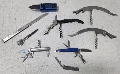 (1) 4.5'' BIC Lighter Holder w/ Spring Assisted Folding Knife and Money Clip, 2" Blade (1) SOG Key Small Keychain Folding Pocket Knife (1) "Charlie's Produce" Folding Fruit Knife, 4" Serrated Blade, Kutmaster Stainless (1) Pocket Knife Multi-tool, engrave