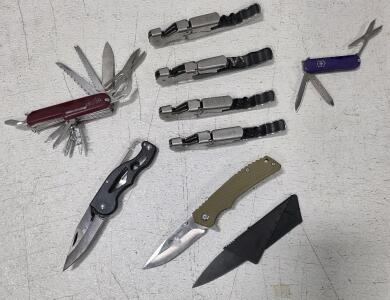 (1)CardSharp, Credit Card-sized Folding Utility Knife (1) Ozark Trails Folding Knife, 3" blade (1) Unbranded Open-frame Folding Knife w/ Utility Hook (1) Swiss Army Style Folding Knife (1) 1 Sm. Swiss Army Style Knife (4) Corkscrew Doubled Hinged Waiters 