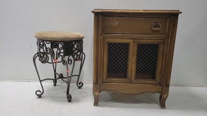 Vintage Vanity Stool and Cabinet, Wooden with Metal Accents, Traditional Style