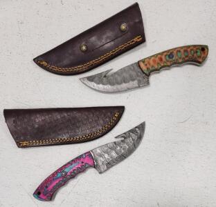 (2) Damascus Steel Skinning Gut Knife With Wood Handle W/ Sheaths