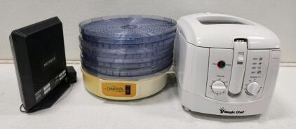 (1) Mr. Coffee The Food Dehydrator (1) Magic Chef Deep Fryer (1) Netgear Nighthawk AC1900 C7000 WiFi Cable Modem Router