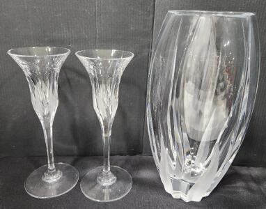 (1) Mikasa Flame D'Amore Lead Crystal Vase (2) Mikasa Flame D'Amore Crystal Candlesticks