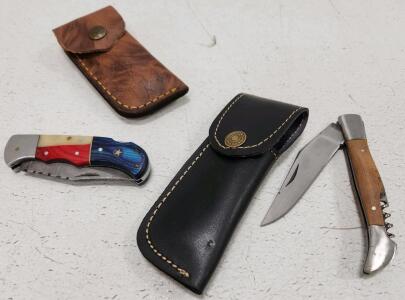 (1) Damascus Steel Folding Knife Wood And Decorative Handle W/ Sheath (1) Wine and Bottle Opener with Pocket Knife W/ Sheath