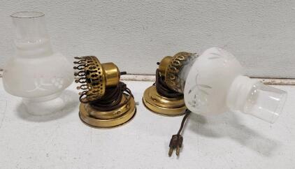 (2) Vintage P & A Risdon USA Glass Oil Lamp Style Wall Sconce