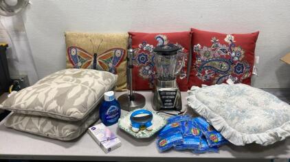 Throw Pillows / Working Oster Blender / Paper Towel Holder / Cleaning Supplies
