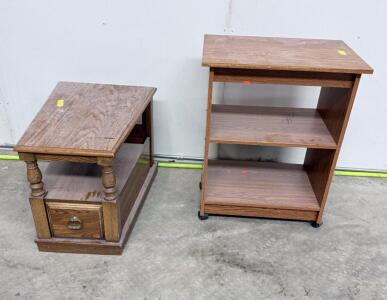 Brown Woodgrain Finish End Table with Drawer & Rolling Shelf Set