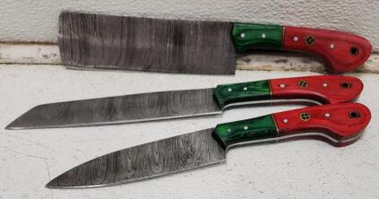 (1) Damascus Steel Chefs Knife With Wood Handle (1) Damascus Steel Kitchen Utility Knife With Wood Handle (1) Damascus Steel Cleaver With Wood Handle
