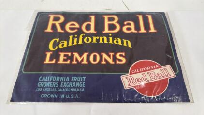 Vintage, Original "Red Ball Californian Lemons" Crate Label, Used By The California Fruit Growers Exchange in Los Angeles.