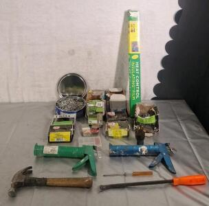 (1) Hammer, (1) 18" Prybar, (2) Caulking Guns & Assorted Household Fasteners & Hardware
