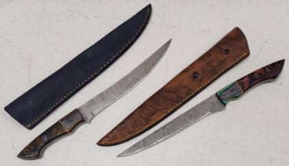(2) Damascus Steel Wood Handle Filet Knife With Sheath