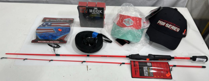 Assortment Of New Fishing Items - Lew's MACH Smash 5&rsquo;10&rdquo; 2 Piece Spinning Rod , Neck Gaiter , 2 Favorite Fishing Hats , 2 Favorite Rod Cover & 1 Set Of 3 Bass Mafia Hook Coffins