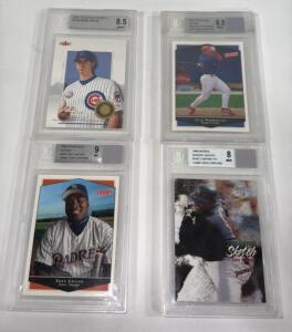 (4) Beckett Graded Baseball Cards - 1999 Upper Deck Tony Gwynn W/ Piece Of Jersey , 1998 SkyBox Tony Gwynn W/ Piece Of Jersey , 1999 Upper Deck Ivan Rodriguez W/ Piece Of Jersey & 2001 Fleer Mark Prior #0105/2001