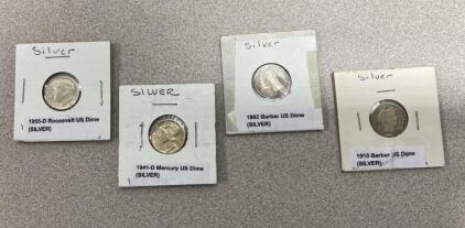 (4) Silver Dimes / 1955 D Roosevelt / 1941 D Mercury / 1892 Barber / 1910 Barber