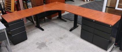 L-Shaped Office Desk, Cherry Wood Top, Black Base, 3-Drawer Cabinets