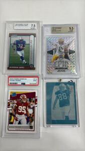 (3) Graded Footballs Cards (1) Football Card Printing Plate - 1999 Bowman Edgerrin James , 2024 Mosaic Josh Jacob&rsquo;s , 2020 Donruss Chase Young & Printing Plate