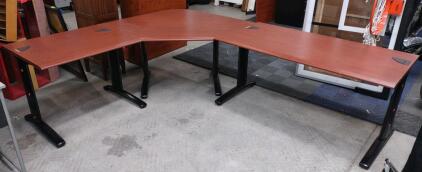 L-Shaped Office Desk, Cherry Finish, Metal Legs, Cable Grommets
