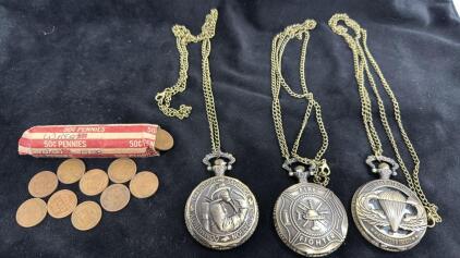(3) Brass Toned Themed Pocket Watches (1) Roll Of Wheat Pennies Dated 1909-1958