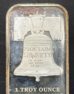 SD Bullion 1 Troy Ounce Silver Bar, Liberty Bell & Constitution Design