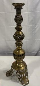 Vintage Brass Candlestick Holder With A Reticulated, Possibly Dragon-Themed, Design . 25.25&rdquo; Tall