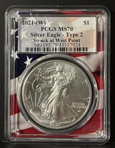 2021 American Silver Eagle PCGS MS70 Type 2, West Point Mint, 1 oz Fine Silver