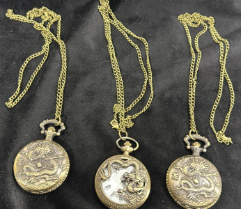 (3) Brass Toned Dragon Themed Pocket Watches