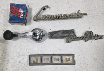 (1) 1960s Era Kaiser Jeep Wagoneer Tailgate Emblem (1) Vintage Jeepster Commando Front Hood Emblem (1) Vintage "4 Wheel Drive" Emblem for a Jeepster Commando (1) Door Handle Crank (1) Box TRW CB 610P-10 Engine Connecting Rod Bearings